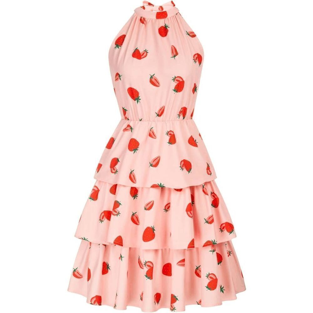 🍓 Strawberry Girly Cute Halter Neck Tiered Layered Ruffle Pink Mini Dress NWT